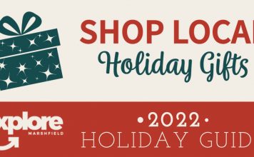 Holiday Gift guide graphic present and explore marshfield logo