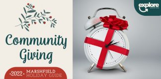 Ribbon wrapped clock graphic "community giving" volunteer time