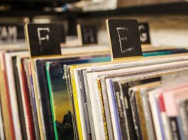 vintage records in crates categorized alphabetically