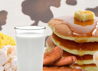 dairy breakfast food with cow pattern background