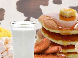 dairy breakfast food with cow pattern background